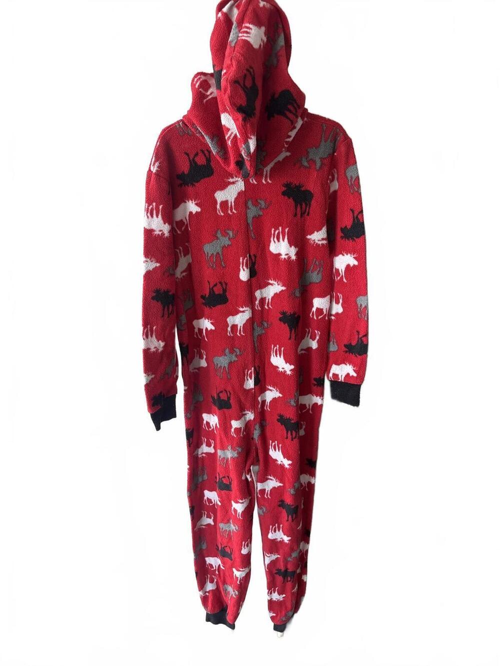 Lightning Bug Kids Red Reindeer Hooded Fleece Onesie Pajamas Size 6 7 Boys